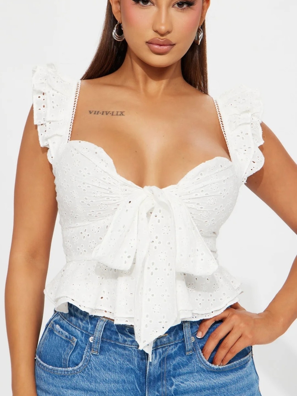 Fashion Nova White Eyelet Tie-Front Ruffle Camisole